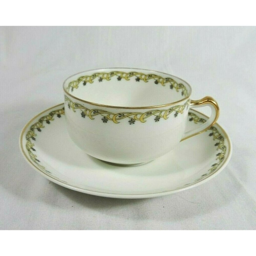 Haviland Schleiger 101 Black Flower Yellow Scroll Saucer & Tea Cup Gold Trim